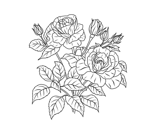 ローズフラワーラインアート。 花のブラックスケッチアウトラインブーケ. 葉のシンプルな植物植物のローズ. タトゥーデザインのベクトルイラスト,子供のための着色ページ,結婚式の招待状 - ベクター画像