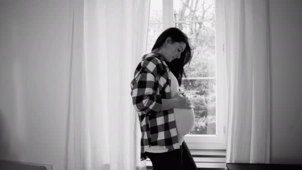 Nyugodt várandós anya átöleli haladó terhesség, álmodozó újszülött otthon által beállított fényes ablak fekete-fehér - Felvétel, videó