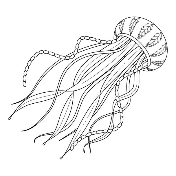 Medúza vonal művészet vektor illusztráció. Fekete-fehér vázlat medúza színező oldal gyerekeknek és felnőtteknek. Oldal a kikapcsolódáshoz és meditációhoz. Vektorillusztráció - Vektor, kép