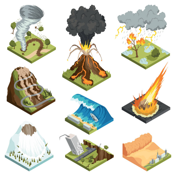 Isometric representation of natural disaster vector illustration set. - Vector, Image
