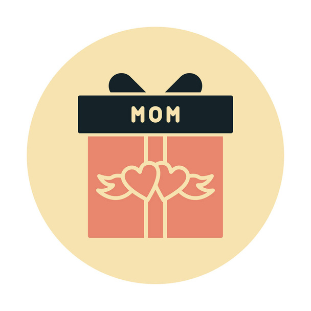 anya nap ikon, Ajándék doboz piros szívvel és MOM szöveg, vektor lapos ikon  - Vektor, kép