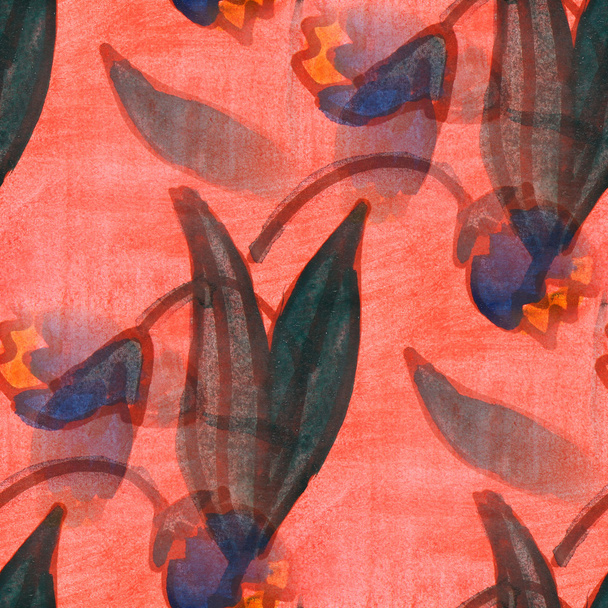 varrat nélküli textúra kék, sárga levelek wallpap akvarell virágok - Fotó, kép
