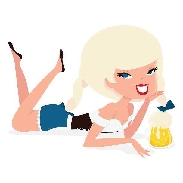 Retro Pin Up Oktoberfest Beer Wench Girl Lying Down - Vector, Image