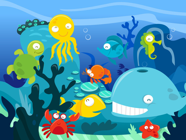 Feliz tolo bonito subaquático animais do mar cena
 - Vetor, Imagem
