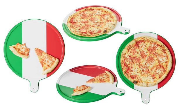Delektuj się kawałkiem wyśmienitej pizzy serowej prezentowanej na tacy naśladującej zielony, biały i czerwony trójkolorowy wzór włoskiej flagi. - Zdjęcie, obraz
