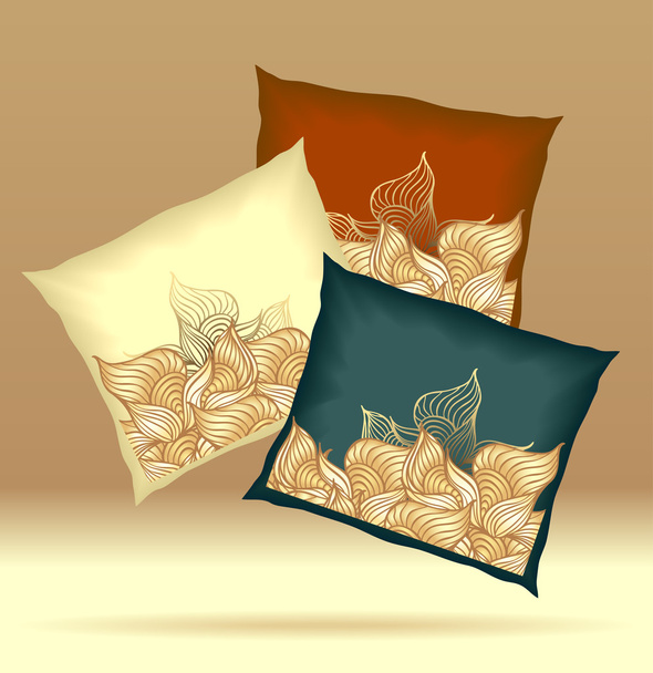 Set Kissen mit abstrakten Muscheln gelb braun dunkelblau - Vektor, Bild