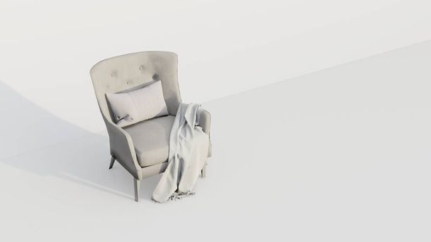 Interior neutro con sillón de terciopelo sobre fondo blanco vacío. Renderizado 3D
. - Foto, Imagen