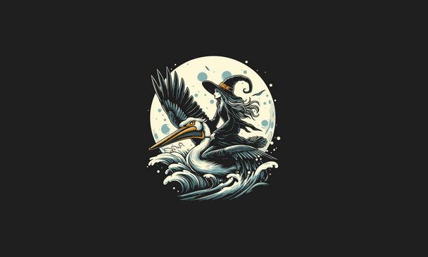 witch riding pelican flying on moon vector artwork design - Vector, Image