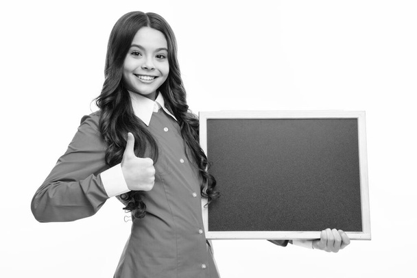 Little girl teen with blackboards. Teenager school girl hold blackboard for copy space, school sale - Zdjęcie, obraz