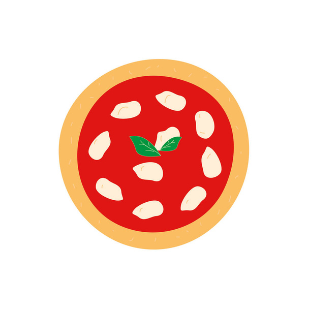 Pizza z sosem pomidorowym, serem mozzarella, pomidorami i bazylią. Wektor ilustracja ręcznie rysowane pizzy Margherita. - Wektor, obraz