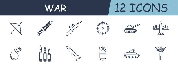 War set line icon. Knife, sight, rifle, tanks, equipment, bomb, rocket, cartridges. 12 line icon. Vector line icon for business and advertising - Vector, Image
