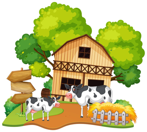 Cows near a barn with trees and haystack. - Vector, Image