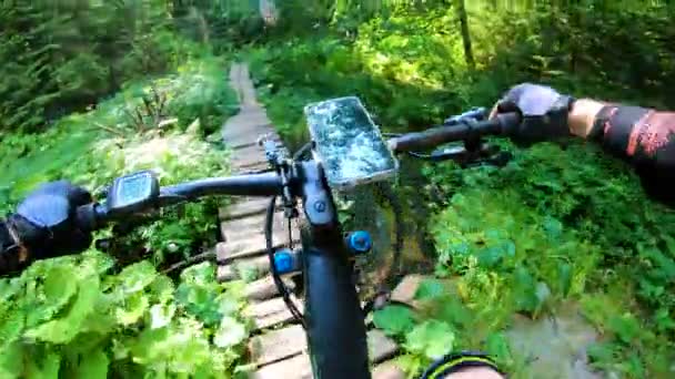 Nézőpont kérdése. Kerékpáros lovaglás elektromos mountain bike az erdőben. Okostelefon a bicikli kormányon. A kaland fogalma, szabadidő a szabadban. - Felvétel, videó