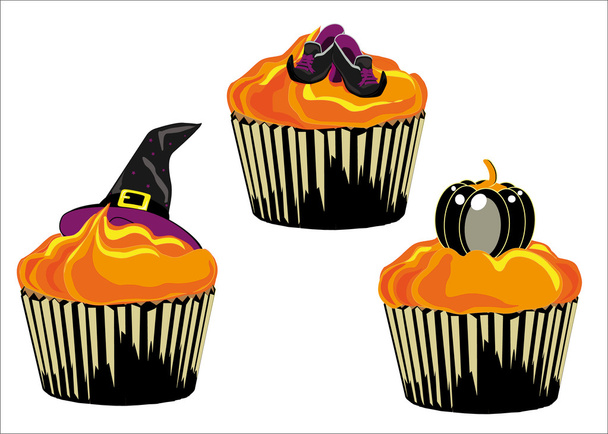 Three halloween cupcake with orange icing - Vector, Image