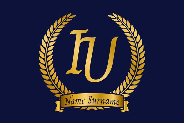 Первоначальная буква I и U, логотип IU с лавровым венком. Золотая эмблема класса люкс с каллиграфическим шрифтом. - Вектор,изображение
