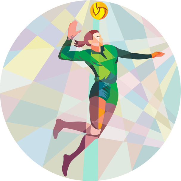 Volleyballer stekelige bal springen lage veelhoek - Vector, afbeelding