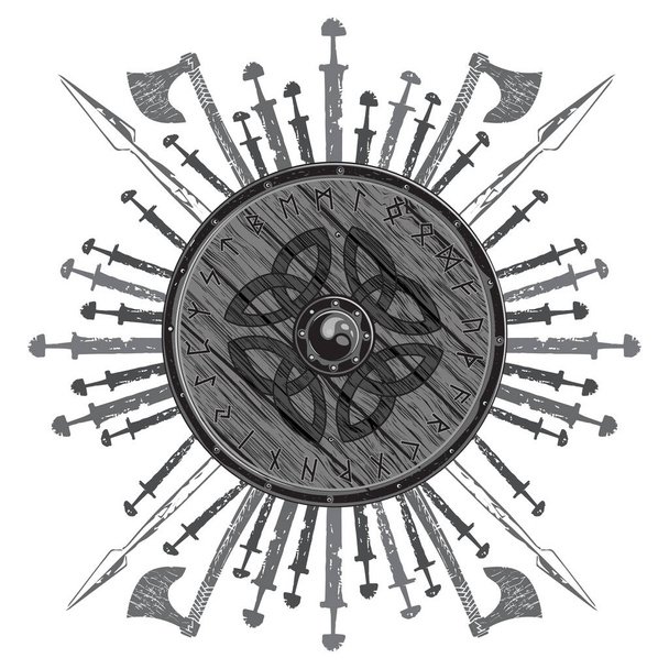 Diseño vikingo. El escudo de un vikingo con runas, hachas de batalla, espadas y lanzas, aislado en blanco, ilustración vectorial - Vector, imagen