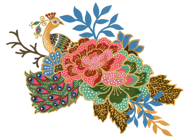 La hermosa flor del pavo real arte de las aves Ramo de Batik Sarong malayo e indonesio Composición acuarela Gouache pintado a mano - Foto, Imagen