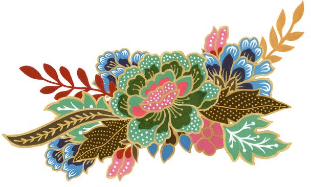 Прекрасний букет з квіткового мистецтва золотий і барвистий малайзійський та індонезійський букет Batik Sarong акварель Гуаш Пофарбований рукою - Фото, зображення