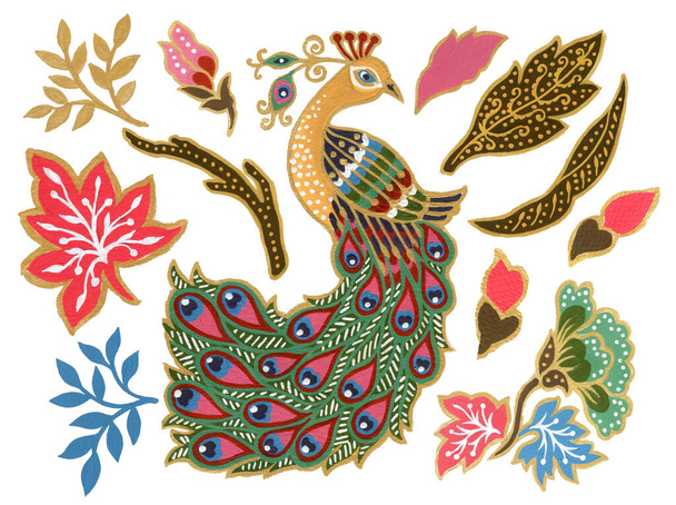 La hermosa flor del pavo real arte de las aves malasio e indonesio Batik Sarong elementos acuarela Gouache pintado a mano - Foto, Imagen