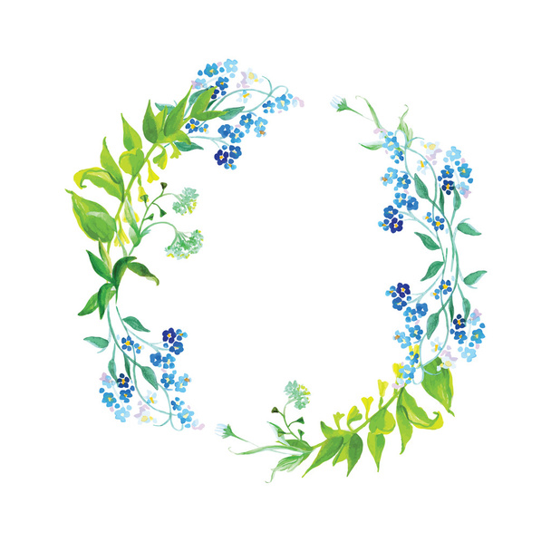 Forget-me-not and herb watercolor round vector frame - Вектор,изображение