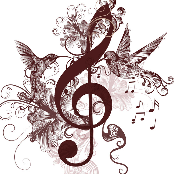 Music background with treble clef and hummingbirds for design - Vetor, Imagem