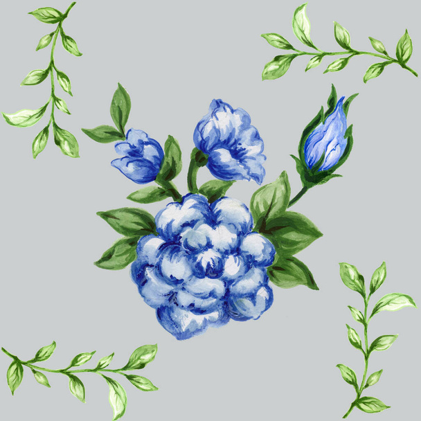saumaton kuvio kukkakimppu nousi sininen kukkia ja kasvi akvarelli gouache käsi piirtää Romanttinen kukka - Valokuva, kuva
