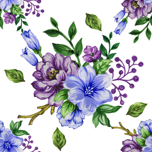 Kusursuz desenli buket gül mavi mor çiçekler ve suluboya gouache eller Romantik çiçekleri çizer - Fotoğraf, Görsel