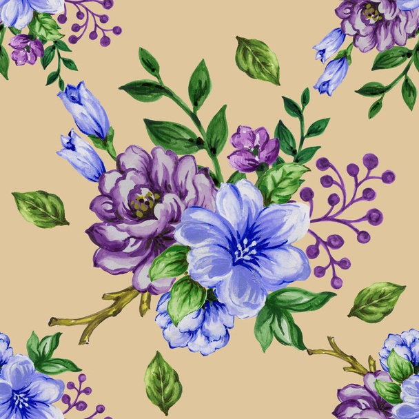 naadloos patroon boeket roos blauw paarse bloemen en plant aquarel gouache hand te trekken Romantische bloemen - Foto, afbeelding