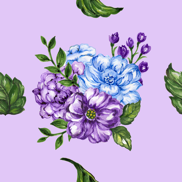 seamless  pattern bouquet rose blue purple flowers and plant watercolor gouache hand draw Romantic floral - Photo, Image