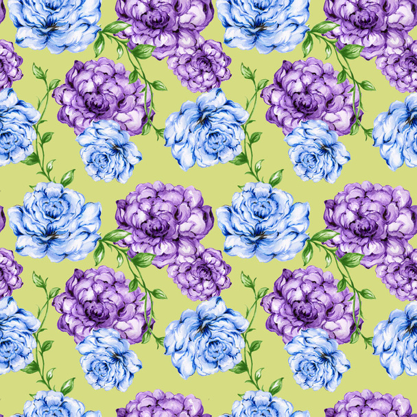 naadloos patroon boeket roos blauw paarse bloemen en plant aquarel gouache hand te trekken Romantische bloemen - Foto, afbeelding