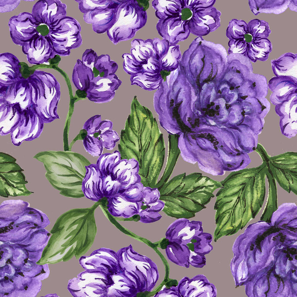 シームレスなパターンブーケローズブルーの紫の花と植物の水彩ガッシュハンドドローロマンチックな花 - 写真・画像