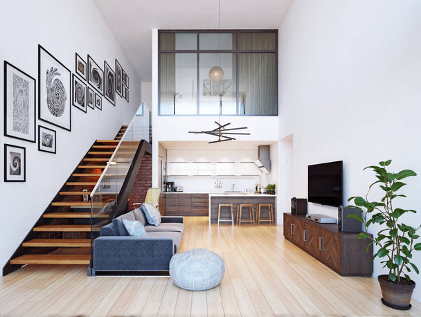 Modern ev iç. 3D render tasarım kavramı - Fotoğraf, Görsel