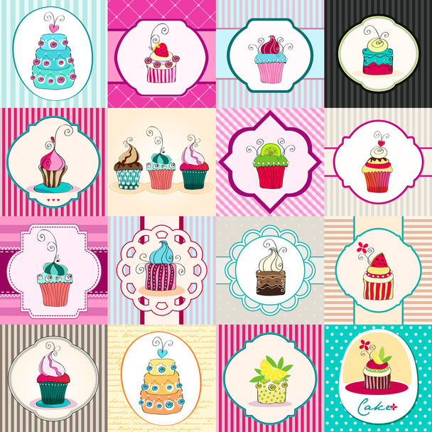 Set of cute retro cupcake cards - Διάνυσμα, εικόνα