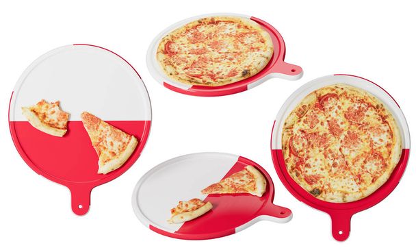 Fette di pizza al formaggio elegantemente presentate su piatti che riprendono il bianco e il rosso della bandiera nazionale polacca. - Foto, immagini