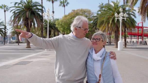 Positives Seniorenpaar spaziert gemeinsam durch eine Promenade. - Filmmaterial, Video