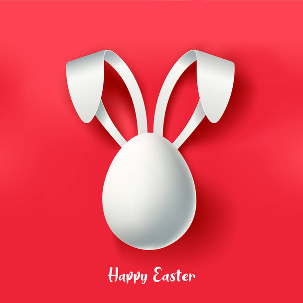 Velikonoční vajíčko s králičíma ušima. Paschalské bílé vejce s králičíma ušima. Veselé Velikonoční prázdniny banner šablona s vejcem a králičí uši na izolovaném červeném pozadí. Easter Egg Hunt plakát. Velikonoční hon na vajíčka. Vejce - Vektor, obrázek