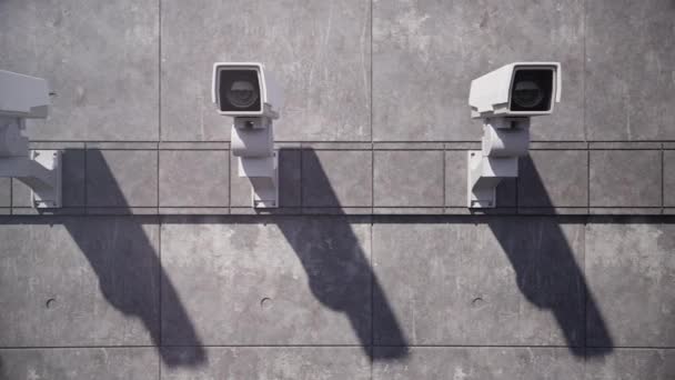 Biztonsági kamerák egy betonfalon, egy stabil, jobbról balra haladó serpenyőben, modern megfigyeléssel. Zökkenőmentesen hurkolható Ultra HD 4K 3840x2160 CG Animáció - Felvétel, videó