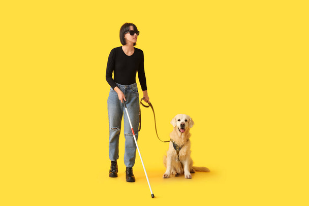 Blind woman with guide dog on yellow background - Fotoğraf, Görsel