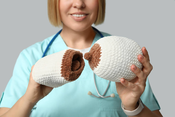 Kypsä onnellinen naislääkäri stetoskoopilla ja neulotulla rintojen mallilla harmaalla taustalla, lähikuva. Imetyksen käsite - Valokuva, kuva