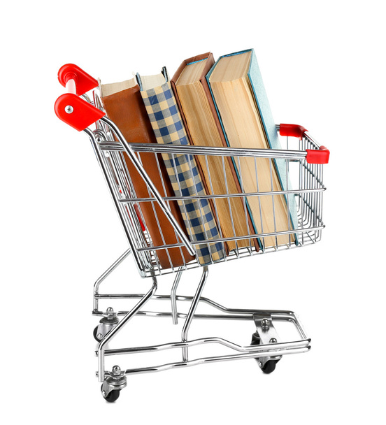 Shopping cart with books isolated on white - Foto, imagen