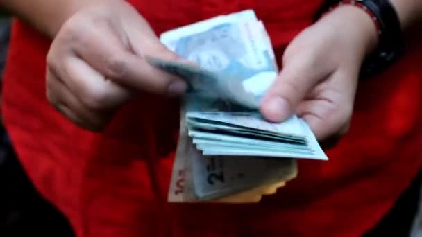 Kolombiya banknotlarını farklı değerlerde tutan ve sayan bir kadının elleri - Video, Çekim