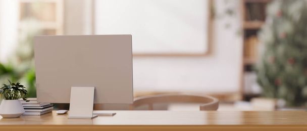 Egy számítógép visszapillantó képe egy fa íróasztalon egy minimalista semleges fa nappaliban vagy irodában. irodai irodai munkaterület közeli kép. 3D render, 3D illusztráció - Fotó, kép