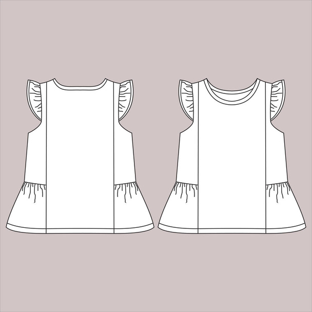Peuplum Ruffle sleeve top Crew Neck συλλογή βολάν στο μανίκι λεπτομέρεια t πουκάμισο μπλούζα τεχνικό σχέδιο πρότυπο σχέδιο φορέα - Διάνυσμα, εικόνα