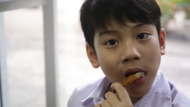 Asijské dítě jíst kuřecí křídlo - Záběry, video