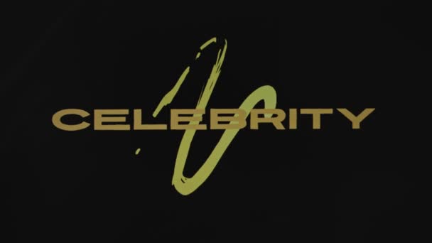 Celebrity news inscription of golden color on black background. Luxurious atmosphere. Graphic presentation with dynamically moving spot and sparkles. Entertainment concept. - Footage, Video