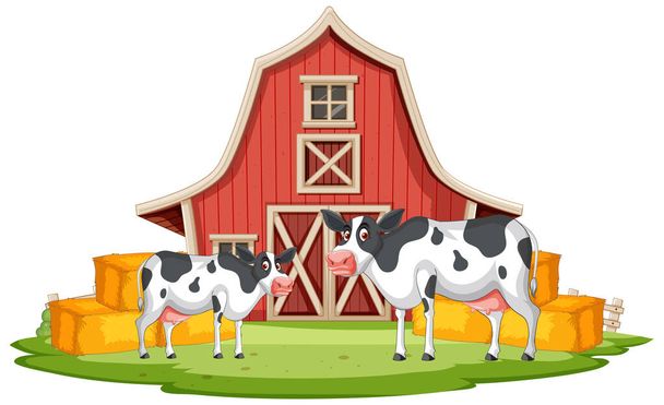 Deux vaches devant une grange avec des balles de foin. - Vecteur, image