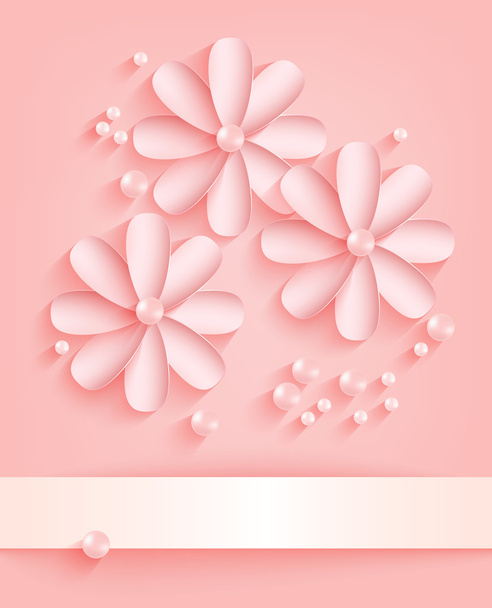 Pink background with paper flowers and pearls - Vector, afbeelding