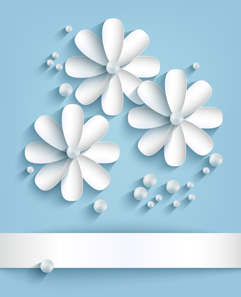 Kağıt çiçekler ve inciler ile mavi arka plan - Vektör, Görsel
