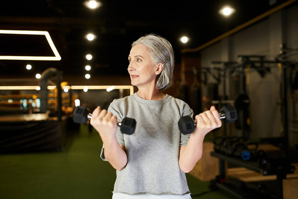 athletic joyous mature woman with gray hair in cozy sportswear training with dumbbells while in gym - Photo, Image